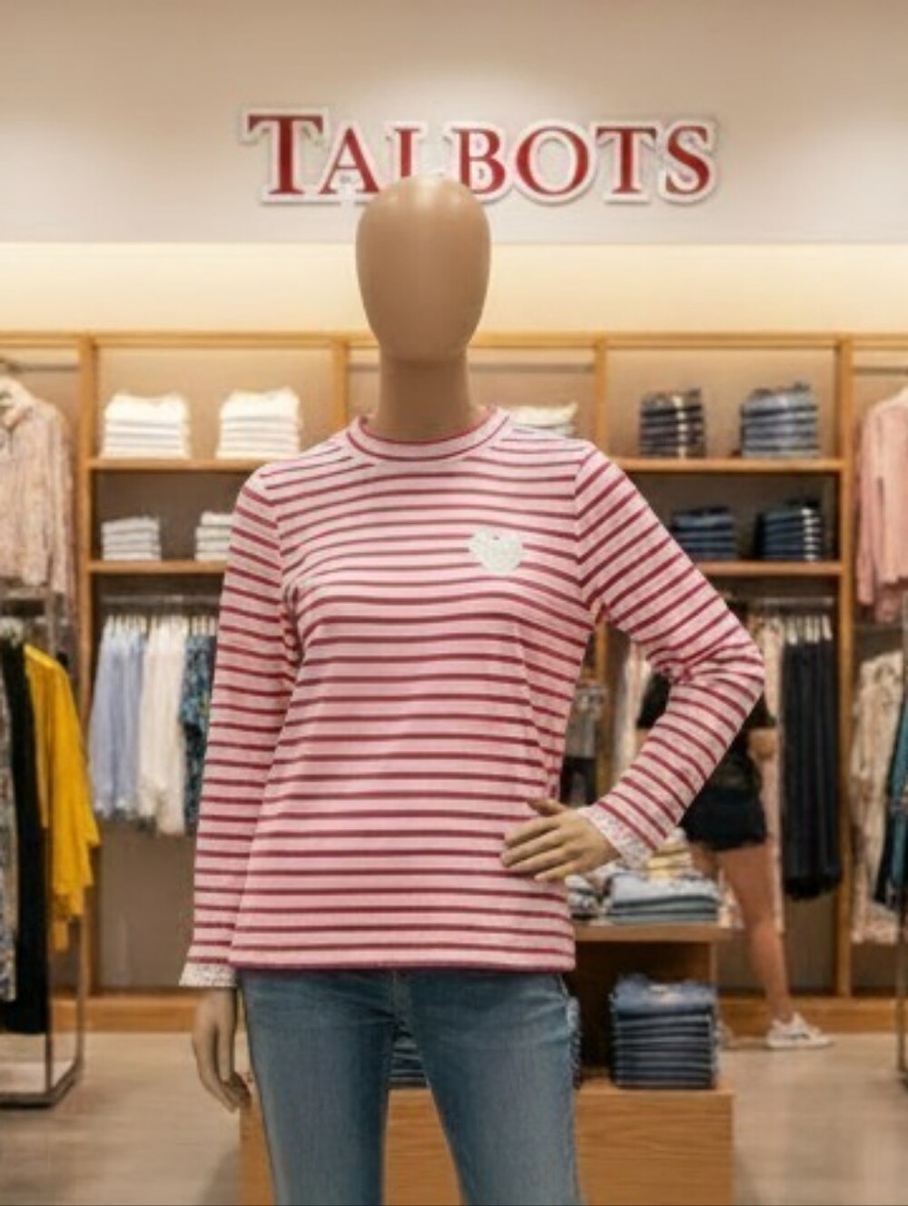 Talbots Pink and White Striped Long Sleeve Top with Heart Applique